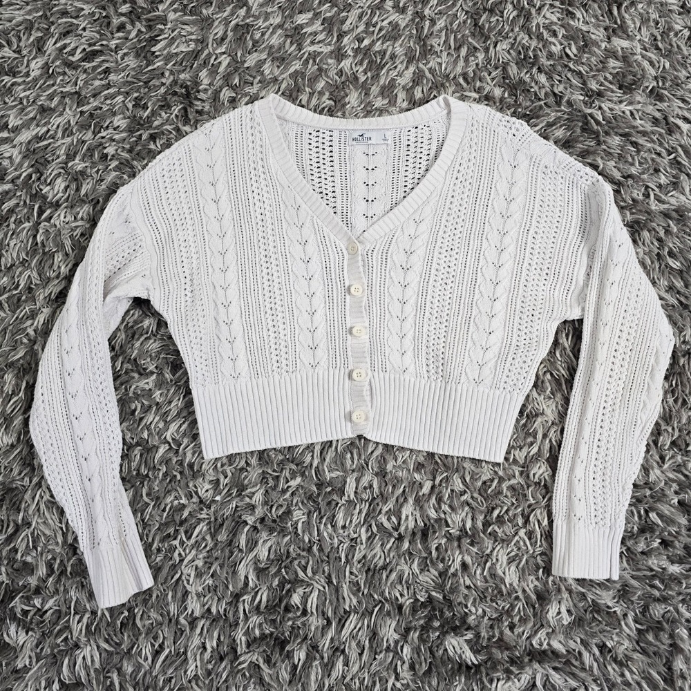 Hollister White Pointelle Knit Cropped Cardigan Sweater Large V-Neck Button Up